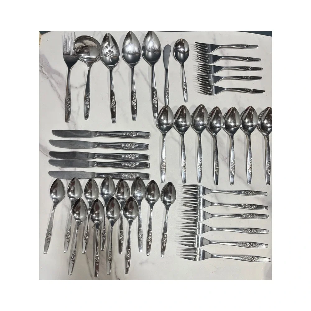 Vtg Oneida Stainless Steel Flatware Set 42pc Our Rose Floral Pattern Silverware